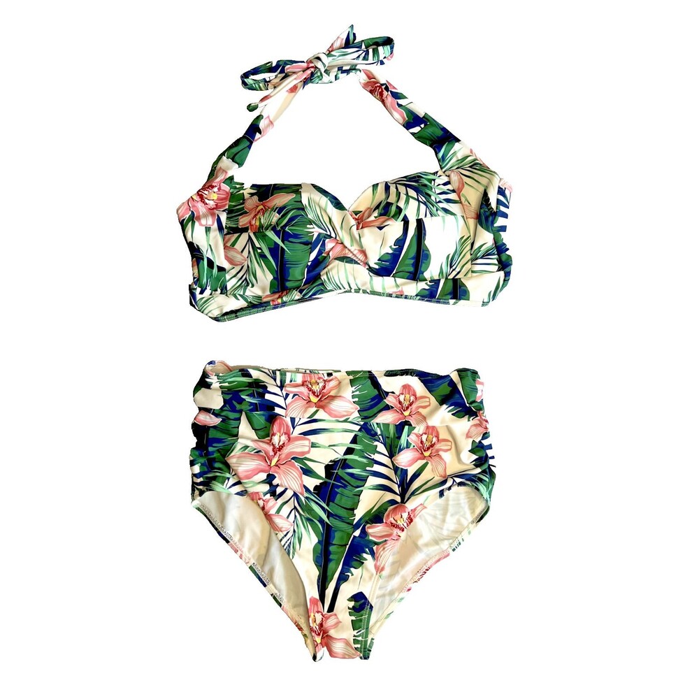 NEW Womens Bra Top and Full Coverage Bottoms Bikini Set White Tropical Large